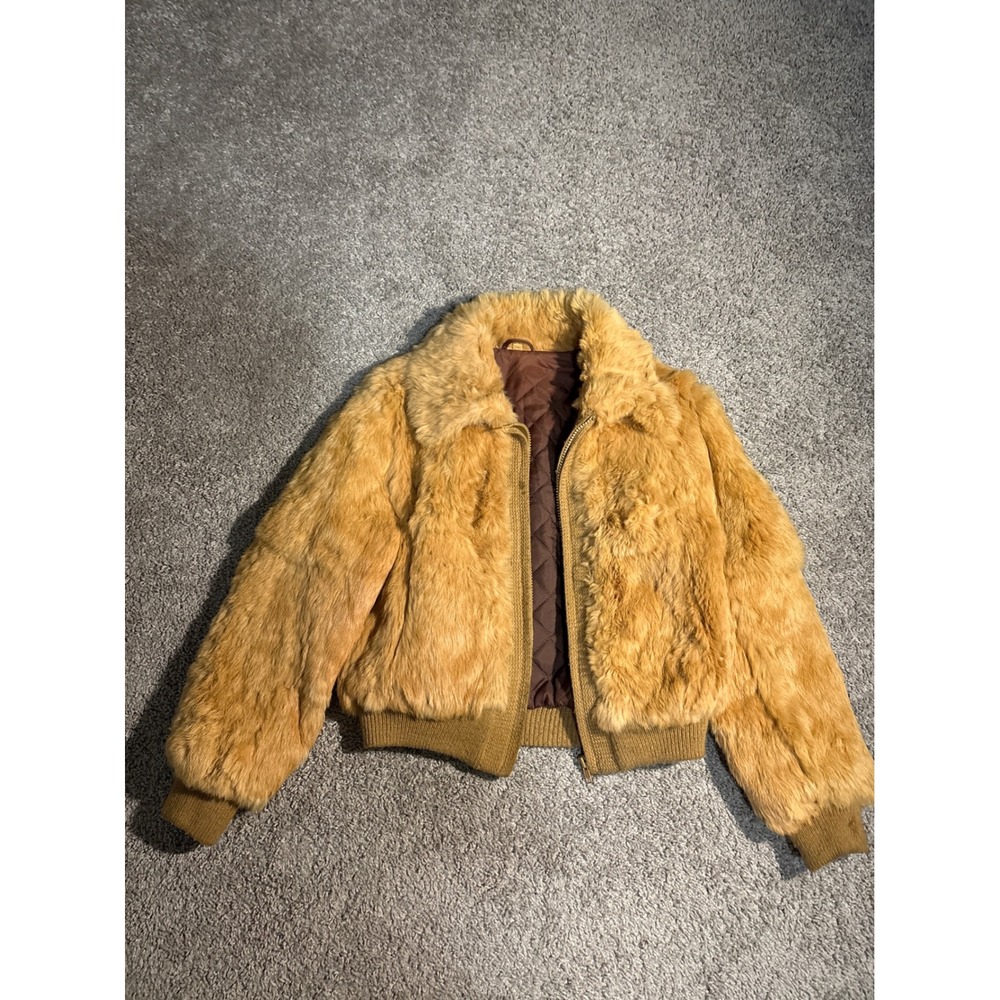 Vintage Rabbit Fur Bomber Jacket Tan Brown Quilted Lining Zip Up Womens Medium